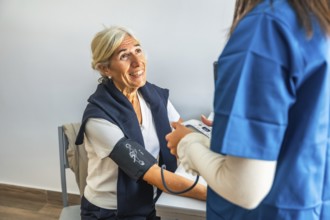 Nurse measuring blood pressure of smiling elderly woman during routine clinic checkup, highlighting
