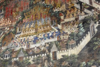 Exquisite wall paintings, interior view of Phra Ubosot or ordination hall, Wat Suthat Thepwararam,