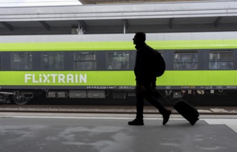Flixtrain train on track 2 in Essen main station, North Rhine-Westphalia, Germany