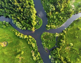 Ecology and environment concept. Green wilderness nature from above. Aerial view on meandering