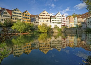 Historic houses on the Neckar front, the Neckar river, water reflection, old town of Tübingen,