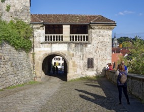 Lower castle gate with view of the old town, Hohentübingen Castle, Tübingen, Baden-Württemberg,