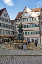 Market square with Neptune fountain with Neptune and trident from the Renaissance, Tübingen,