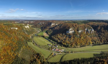 Aerial view, panorama, Upper Danube Valley, surrounded by autumn vegetation, on the horizon