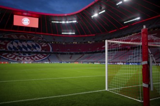 Overview, totals, scoreboard, goal, logo FC Bayern Munich, FCB, blue hour, Champions League,