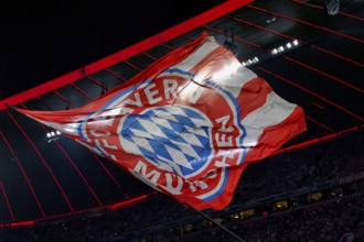 Flag, flying under stadium roof, logo FC Bayern Munich, FCB, Champions League, Allianz Arena,