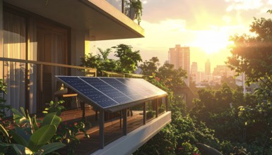 Sunlight Glinting Off Solar Panels on Contemporary Apartment Balcony, energy solution, concept of