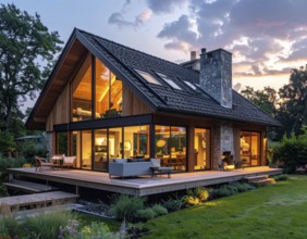 Modern Extension on a Traditional Cottage with Glass and Wood Architecture, green garden with