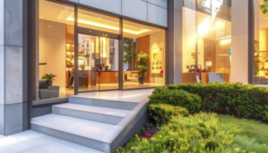 Modern building entrance with stairs, glass facade, and plants in warm evening light, empty