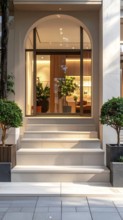Modern building entrance with stairs, glass facade, and plants in warm evening light, empty