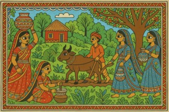 This vibrant artwork depicts traditional Indian village life, showcasing farming and daily