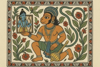 This vibrant artwork depicts Hanuman, a central figure in the Hindu epic Ramayana, with intricate