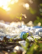Crushed plastic water bottle waste in a wild landscape, symbol for nature protection, waste