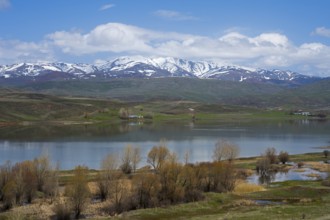 Peaceful landscape with a lake surrounded by snow-capped mountains. Trees and meadows dot the shore