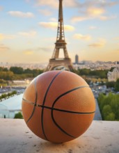 Sports of the Olympic Games. Basketball. A close-up of a basketball placed on a ledge with the