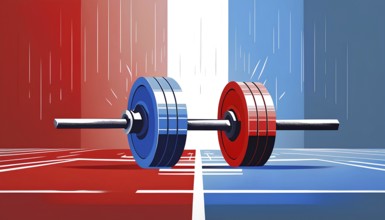 Two dumbbells are shown in a red, white, and blue color scheme. The dumbbells are positioned in a