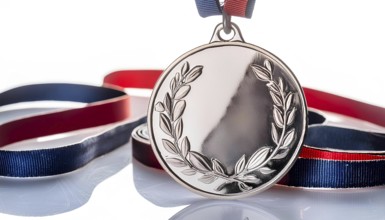 A gold medal with a wreath on it is hanging on a red, white, and blue ribbon, AI generated
