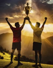 Two men are holding a trophy in the air, celebrating their victory. The sun is setting in the