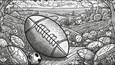 A football is lying on the ground next to a soccer ball. The scene is set in a field with a view of