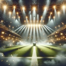 A soccer ball in the spotlight at a stadium, with a vibrant crowd and dynamic lighting, AI