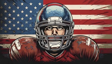 Powerful illustration of an american football player, ready for the super bowl, with the usa flag