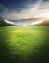 A soccer field with a bright green grass and a cloudy sky. The field is empty and the only light