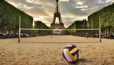 A volleyball court set up near the Eiffel Tower, highlighting the excitement and preparation for