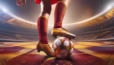 A soccer player is standing on a soccer ball in a stadium. Concept of excitement and anticipation