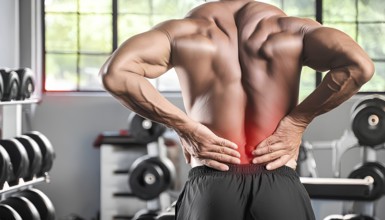 A man with a back injury is in a gym. He is wearing black shorts and a shirt, AI generated