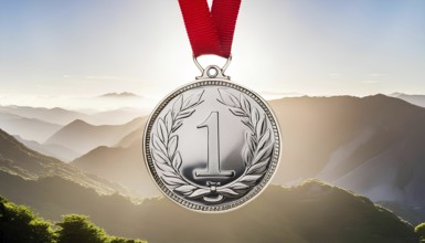 A silver medal with a red ribbon and the number 1 on it. The medal is surrounded by mountains and