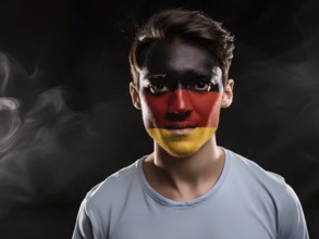 A man with a German flag painted on his face. The man is wearing a blue shirt. The image has a dark
