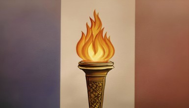 A drawing of a torch with a flame on top of a cone. The drawing is in a foreign language and has a