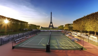 Tennis courts bathed in sunlight with the Eiffel Tower in the background, symbolizing the Paris