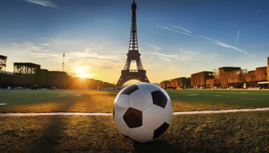 A soccer ball sits on a field with the Eiffel Tower in the background during sunset, representing