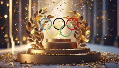 Award ceremony of the Olympic Games.Wallpaper of a trophy with the logo of the Olympic games, AI
