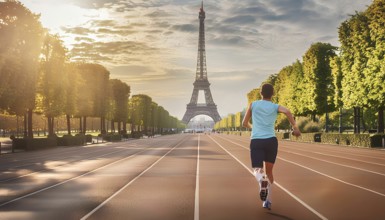 A runner on a track near the Eiffel Tower in Paris, capturing the spirit of the 2024 Olympic Games
