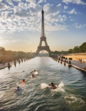 A group of people swim in a waterway near the Eiffel Tower in Paris. The sky is partly cloudy, and
