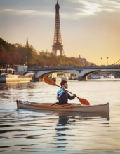 A man paddles a canoe in front of the Eiffel Tower. The water is calm and the sky is orange and