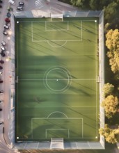A soccer field with a green surface and white lines. The field is surrounded by a fence and trees,