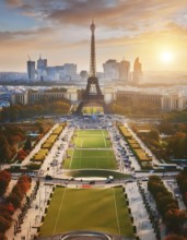 The city of Paris is shown in the distance with the Eiffel Tower towering over the city. The sun is