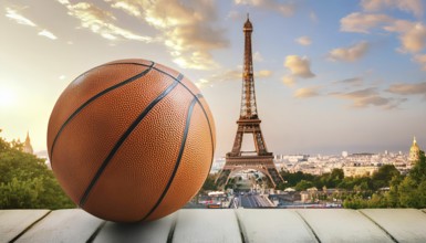 Sports of the Olympic Games. Basketball. A close-up of a basketball placed on a ledge with the