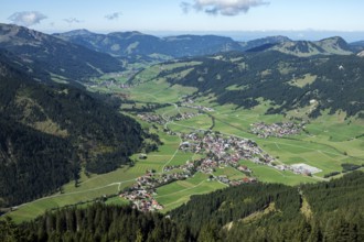 View from the Neunerköpflebahn of Tannheim and the Tannheimer Valley, Allgäu Alps, Tyrol, Austria