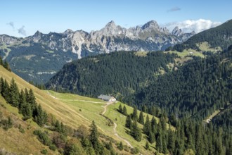 View from the Saalfelder Höhenweg to Schartschrofen and Rote Flüh, center of Usseralpe, Tannheimer