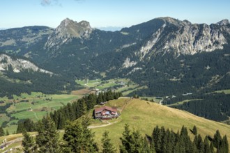 View of Gundhütte and the Tannheimer Valley from Neuerköpfle, Allgäu Alps, Tyrol, Austria
