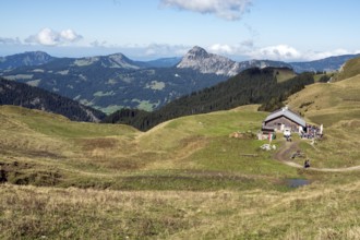 View from the Saalfelder Höhenweg to the Gappenfeldalpe, Tannheimer Tal, Tyrol, Austria