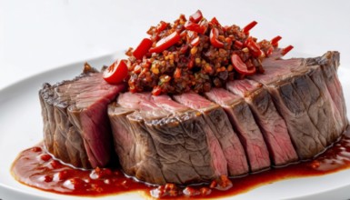 This beautifully plated steak is a culinary delight, perfect for food blogs and restaurant menus,