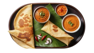 This overhead shot showcases a traditional South Indian breakfast of dosa, sambar, and chutney,