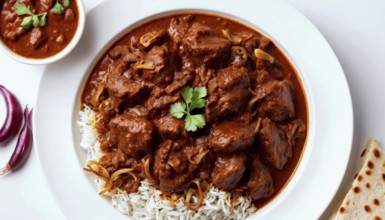This flavorful beef curry is a popular dish in Indian cuisine, often served with rice and naan, AI