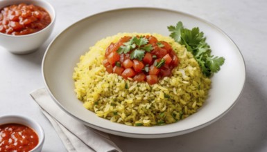 This vibrant dish features a bed of flavorful yellow rice topped with fresh diced tomatoes and