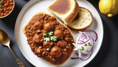 This flavorful dish features a rich, savory curry served with toasted bread and fresh red onions
